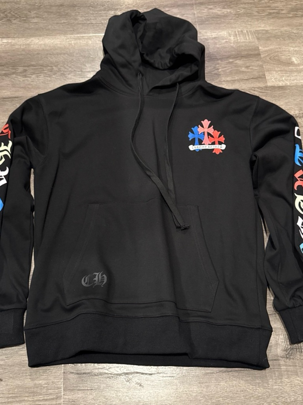 Chrome Hearts Black Hoodie with Red & Blue Cross Motif